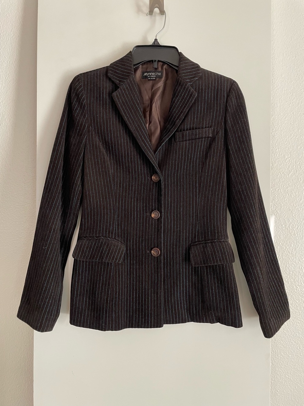 Mynne Line Blazer Brown Blue Pinstripe Preppy Dark Academia Structured NWOT